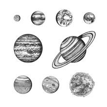 Planets In Solar System. Moon And The Sun, Mercury And Earth, Mars And Venus, Jupiter Or Saturn And Pluto. Astronomical Galaxy Space. Engraved Hand Drawn In Old Sketch, Vintage Style For Label.