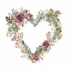 Canvas Print - a beautiful watercolor heart-shaped wreath illustration with as assortment of flowers, branches, nature, spring-themed illustrations, wedding, bridal, generative ai