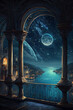 © Aki - fantasy, magical world, starry sky, balcony, castle, lake view, river view, full moon, stars, night, fantasy landscape