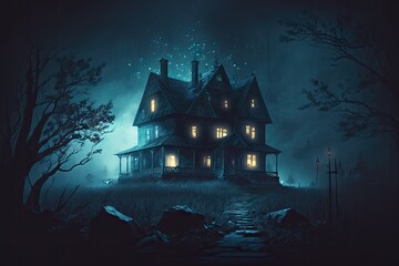 lights glowing in scary night at horror house, created with generative ai