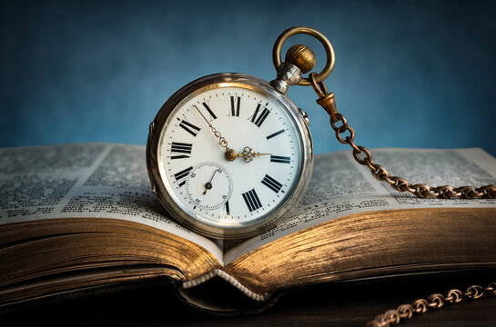 Wall Mural - The clock lies on an old book. Clock as a symbol of time, the book is a symbol of knowledge and science.  Concept of time, history, science, memory, information. Vintage watch, clock background.
