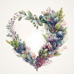 Canvas Print - a beautiful watercolor heart-shaped wreath illustration with as assortment of flowers, branches, nature, spring-themed illustrations, wedding, bridal, generative ai