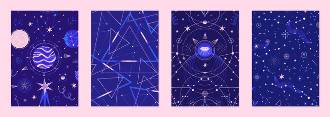 Wall Mural - Set of vector illustrations of abstract celestial bodies. Constellations, stars, planets. Space universe. Esoteric cosmic designs for posters, notebook covers. Blue and golden colors