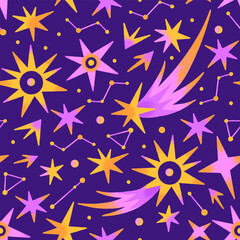 Wall Mural - Vector seamless cosmic pattern of constellations, stars, comets on dark purple background. Repeating celestial design. Abstract space. Astronomy, astrology, esotericism. Wallpaper, wrapping, textile