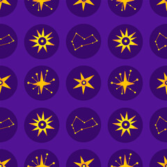 Wall Mural - Vector seamless cosmic pattern of constellations and stars in circles on dark purple background. Repeating celestial design. Abstract space. Astronomy, astrology, esotericism. Wrapping papper, textile