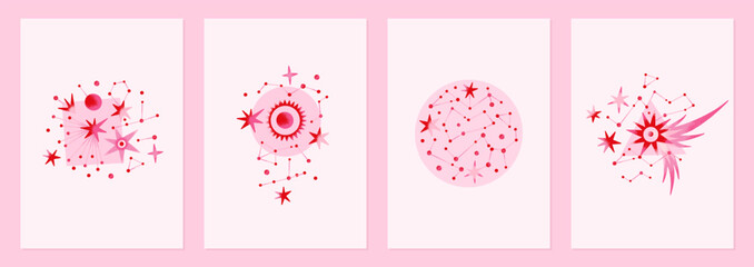 Wall Mural - Set of vector illustrations of abstract celestial bodies isolated on white backgrounds. Constellations, stars, planets. Space universe. Esoteric cosmic designs for posters, notebook. Red and pink