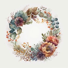 Canvas Print - watercolor wreath illustration using an assortment of flowers, branches, nature, spring themed illustration, generative ai