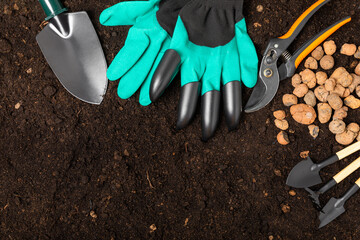 Wall Mural - Gardening tools, pruner, gardening gloves, shovel and rake on soil background. Conceptual composition of the garden. Place for text. Place to copy. The concept of gardening and hobbies. gardening Tool