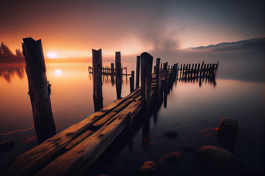 foggy morning on the lake. beautiful autumn landscape with wooden pier.generative ai