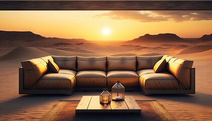 Wall Mural - A modern leather sectional sofa set on a sandy desert landscape with the sun setting behind it, casting a warm golden glow. HD, realistic, natural lighting. generative ai