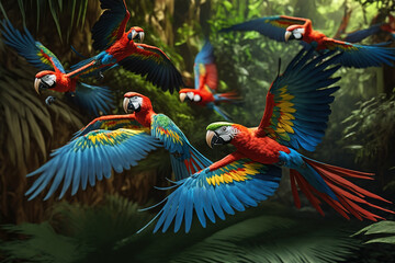 Wall Mural - A flock of brightly coloured macaw birds flying in the jungle.  Generative AI.