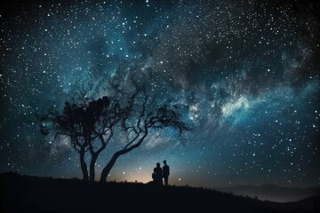 Canvas Print - Tree forest under a beautiful starry sky, AI generated