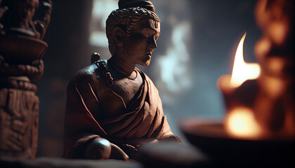 Buddha statue with burning candle and incense in the dark.generative ai