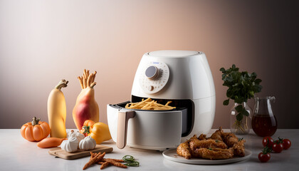 Homemade french fries in modern airfryer, do-it-yourself home cooking concept,  Created using generative AI tools.