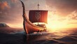 Viking ship sailing at sunset, Viking boat, Generative AI