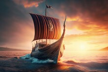 Viking Ship Sailing At Sunset, Viking Boat, Generative AI