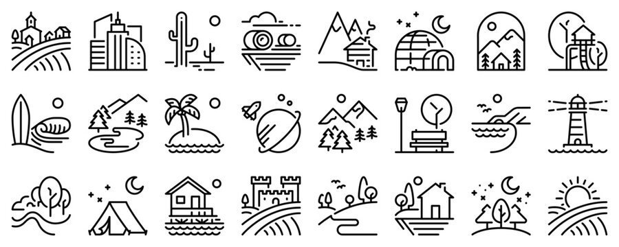 line icons about landscape on transparent background with editable stroke.