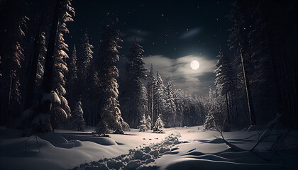 Wall Mural - Snowy winter forest at night with full moon.generative ai