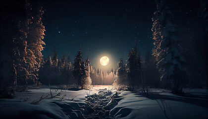 Wall Mural - Snowy winter forest at night with full moon.generative ai