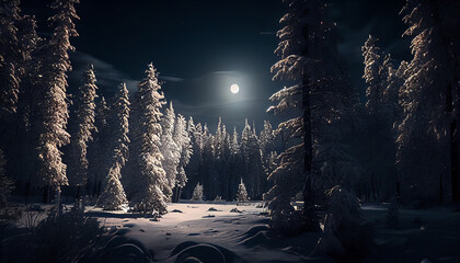 Wall Mural - Snowy winter forest at night with full moon.generative ai