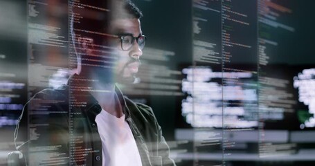 Fototapete - Man, programming and coding at night on computer dashboard for software or application at the office. Male programmer working late on code or program for cybersecurity, UX or UI hologram at workplace