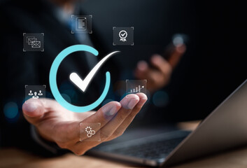 Aufkleber - Quality management with Quality Assurance or QA and Quality Control or QC and improvement. Standardization, certification. Compliance to regulations service and standards.