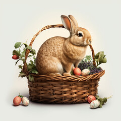 Wall Mural - Rabbit in a basket with eggs, bunny, easter, made with generative AI