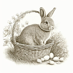 Wall Mural - Rabbit in a basket with eggs, bunny, easter, made with generative AI