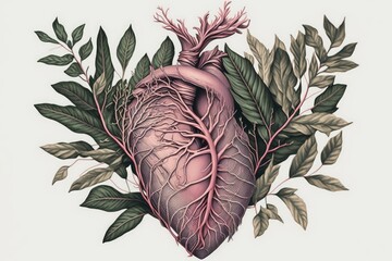 Wall Mural - pink heart on human body with olive branches and leaves, created with generative ai