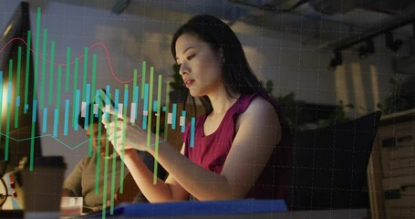 Poster - Animation of financial data processing over asian businesswoman working in office