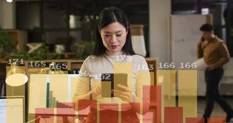 Poster - Animation of financial data processing over asian businesswoman working in office