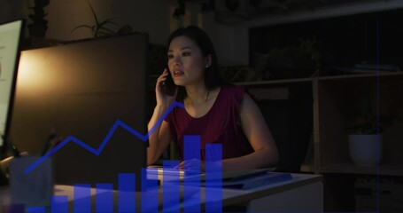 Poster - Animation of financial data processing over asian businesswoman working in office
