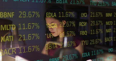 Poster - Animation of financial data processing over asian businesswoman working in office