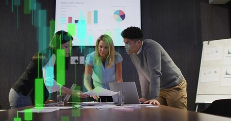 Poster - Animation of financial data processing over diverse business people working in office