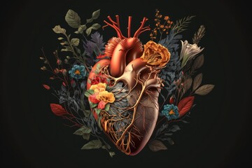 Poster - image of human heart with flowers as symbol of love, created with generative ai