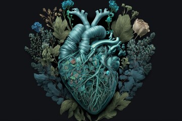 Poster - human heart with flowers in blue green tonality, created with generative ai