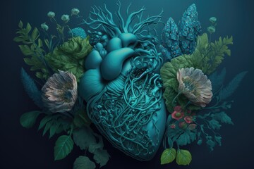 Wall Mural - human heart with flowers in blue green tonality, created with generative ai