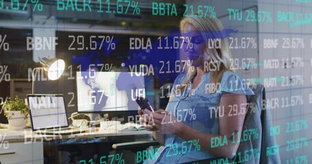 Poster - Animation of financial data processing over caucasian businesswoman working in office