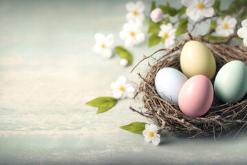 Canvas Print - Easter nest with eggs and spring apple blossoms decoration. Generative AI