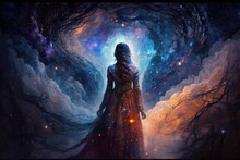 Divine Queen Of The Night Sky: A Fantasy Woman In The Milky Way Galaxy: Generative AI