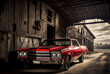 Photorealistic ai artwork of a concept design for a red classic car parked at an old barn. Generative ai.