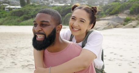 Poster - Beach, piggyback and funny with a couple together outdoor in nature for travel, vacation or holiday. Love, happy or laughing with a man and woman bonding on the sand at the coast in summer