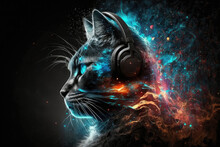 A Cat With Headphone Listen To Music Explosions On Black Background. Generative AI
