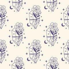 Wall Mural - Mystical vector seamless pattern with floral crystal, moon. Boho celestial digital paper. Hand drawn magical illustration. Esoteric print for fabric, digital paper, wrapping.
