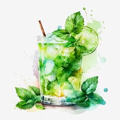 Glass of water with lime. Watercolor illustration of a fresh cocktail decorated with mint and lime. Generative AI art.