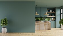Green Kitchen Room And Minimalist Interior Design.