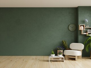 Style loft interior with gray armchair on empty dark green wall background.