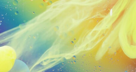 Poster - Animation of bubbles and yellow liquid moving on blue and orange background with copy space