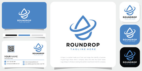 A round water drop logo with a blue circle concept and business card.