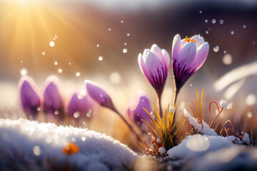 Poster - Daisy flowers blooming purple on snow with blurred bokeh background while sunrise. Generative AI illustration